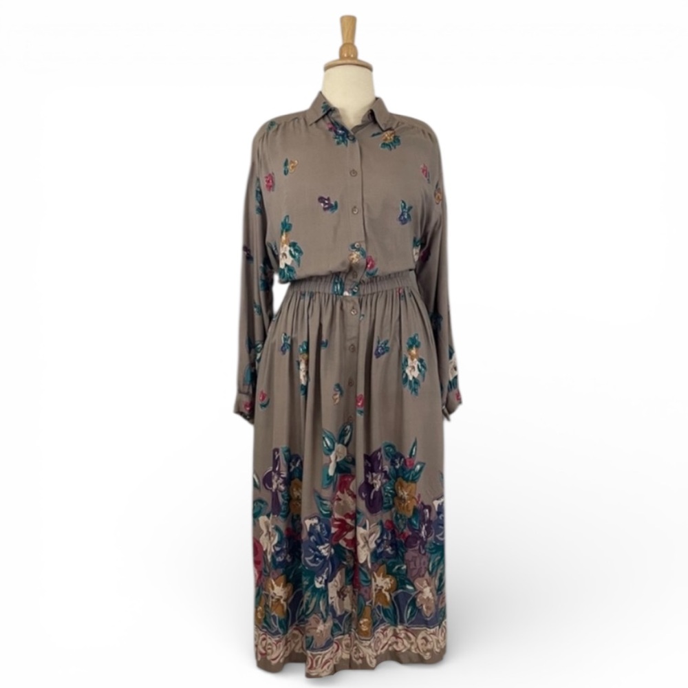 90s‎ Floral Shirt Dress Women's 14 Vintage Long Sleeve A-Line Cottage Prairie